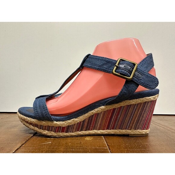Suzzato women size 10 41 ankle buckle strap denim fabric upper wedge heel sandal - Picture 1 of 14